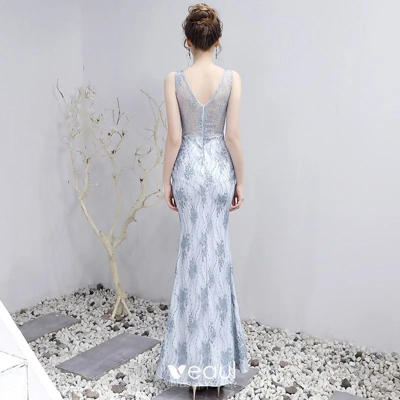 Charming Sexy Silver Split Front Evening Dresses 2020 Trumpet ...