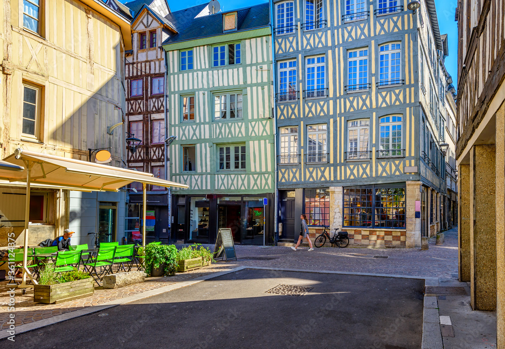 Cozy street with timber framing houses in Rouen, Normandy, France ...