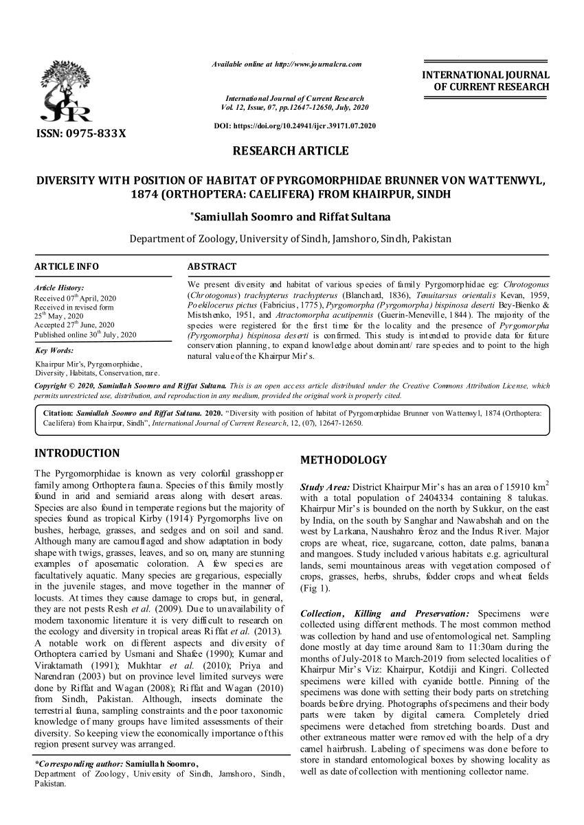 PDF) DIVERSITY WITH POSITION OF HABITAT OF PYRGOMORPHIDAE BRUNNER ...