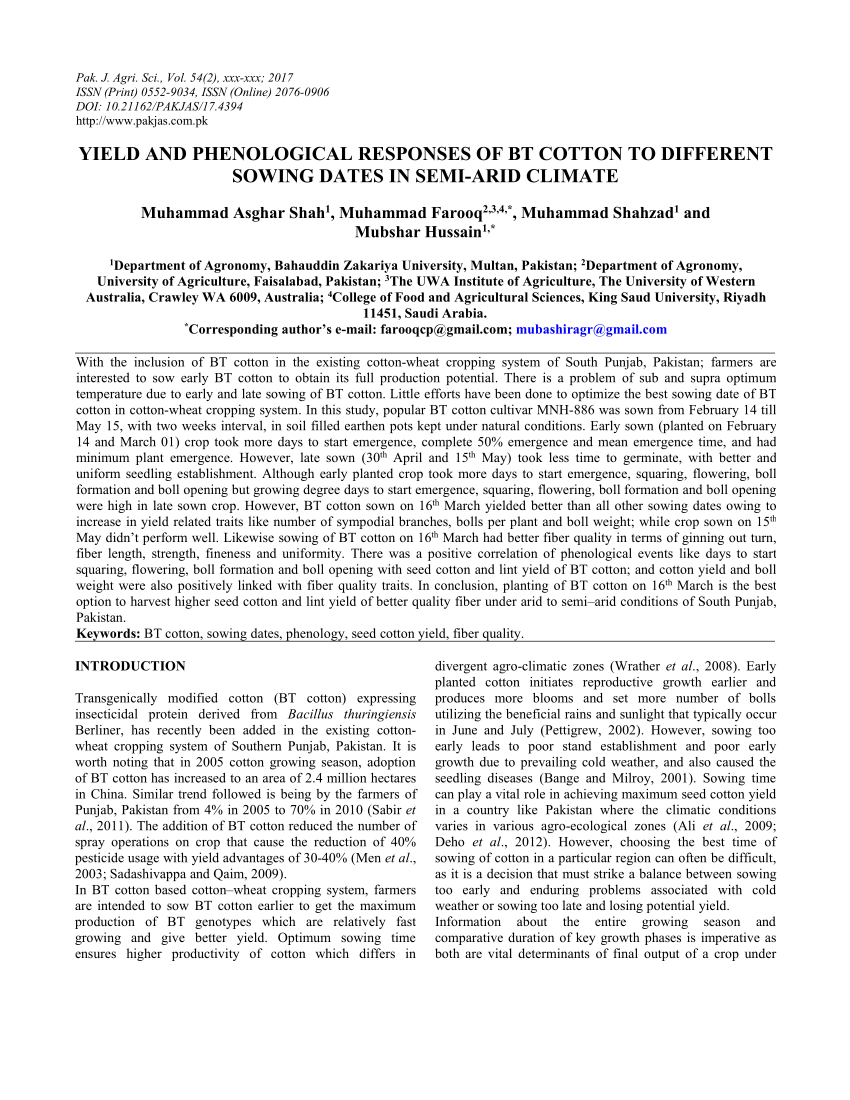 PDF) Yield and phenological responses of BT cotton to different ...