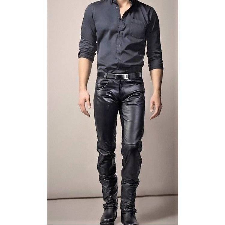 Mens Fashion Slim Fit Genuine Black Leather Pant