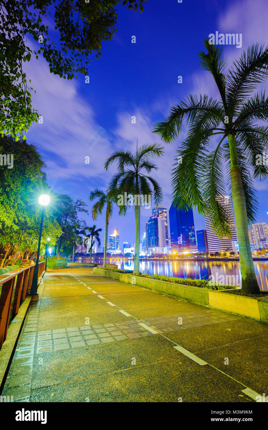 public walking path in Benjakitti park at night, Bandkok, Thailand ...