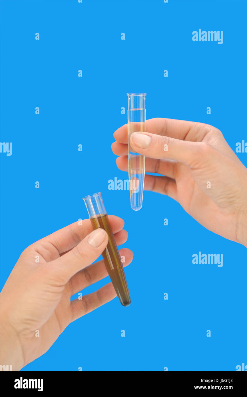 hand research test tube dirty clean pipe water woman blue humans ...