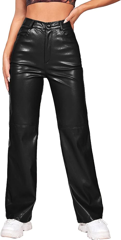 MakeMeChic Women's Faux Leather Pants Straight Wide Leg Leather ...