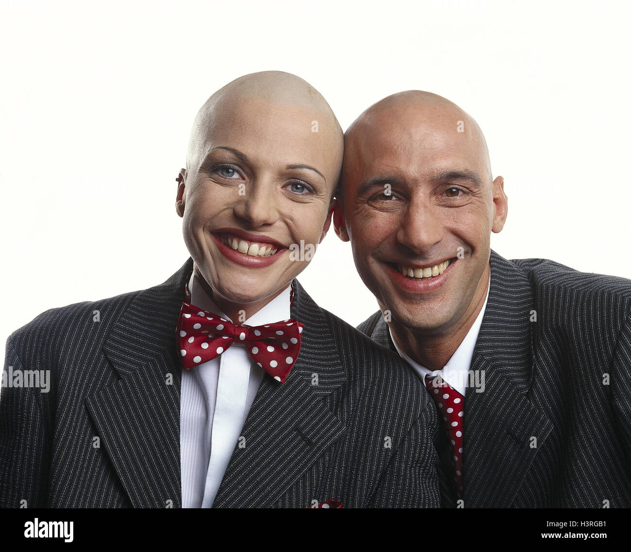 Couple, bald head, suit, smile, portrait, inside, outside, studio ...