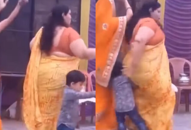 Aunty falls over a little boy while dancing to Haryanvi song