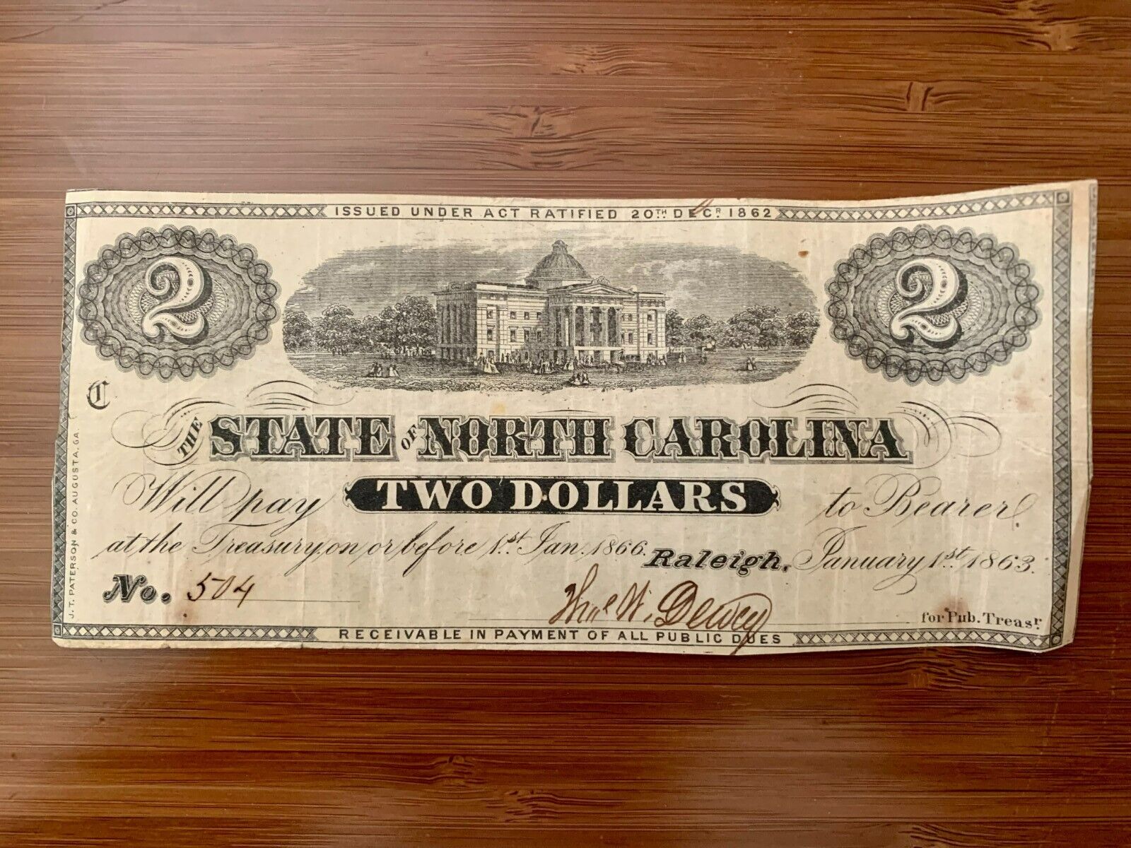 Civil War Era 1863 North Carolina State $2 (Two Dollar) Note ...