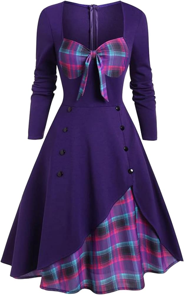 Women Sexy Vintage Casual Plaid Print Gothic Dress Waist Contrast ...