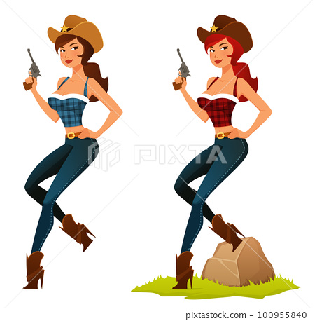 beautiful cartoon cowgirl in jeans, isolated or... - Stock ...