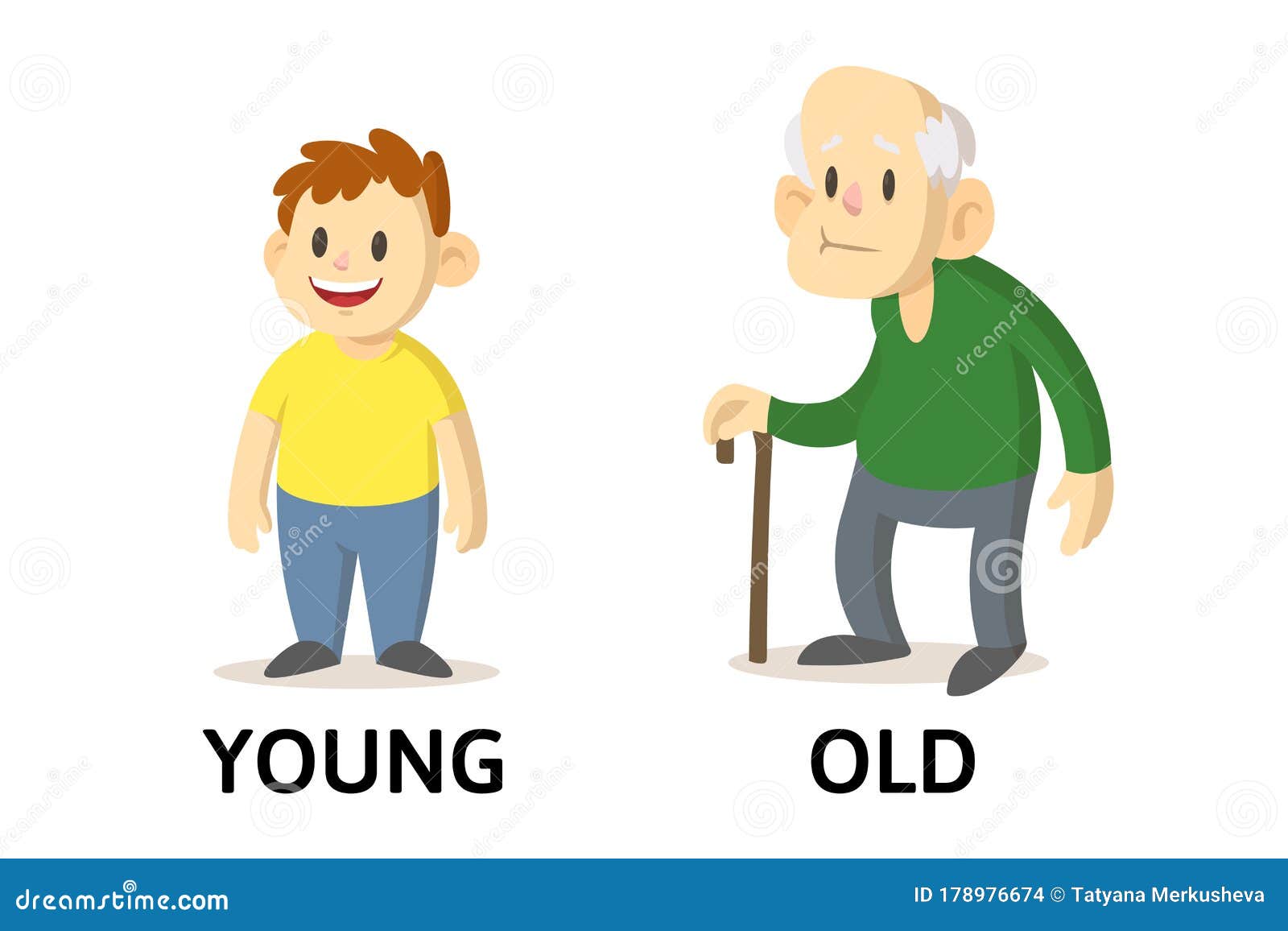 Words Young and Old Flashcard with Cartoon Characters. Opposite ...