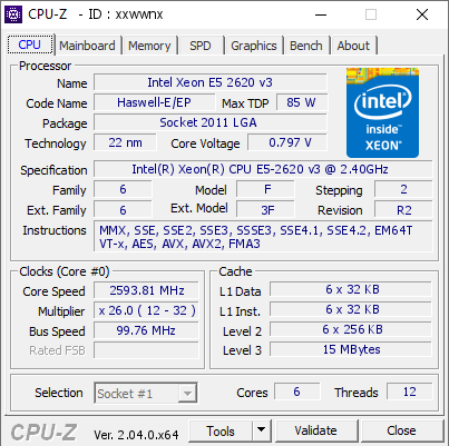 Intel Xeon E5 2620 v3 @ 2593.81 MHz - CPU-Z VALIDATOR