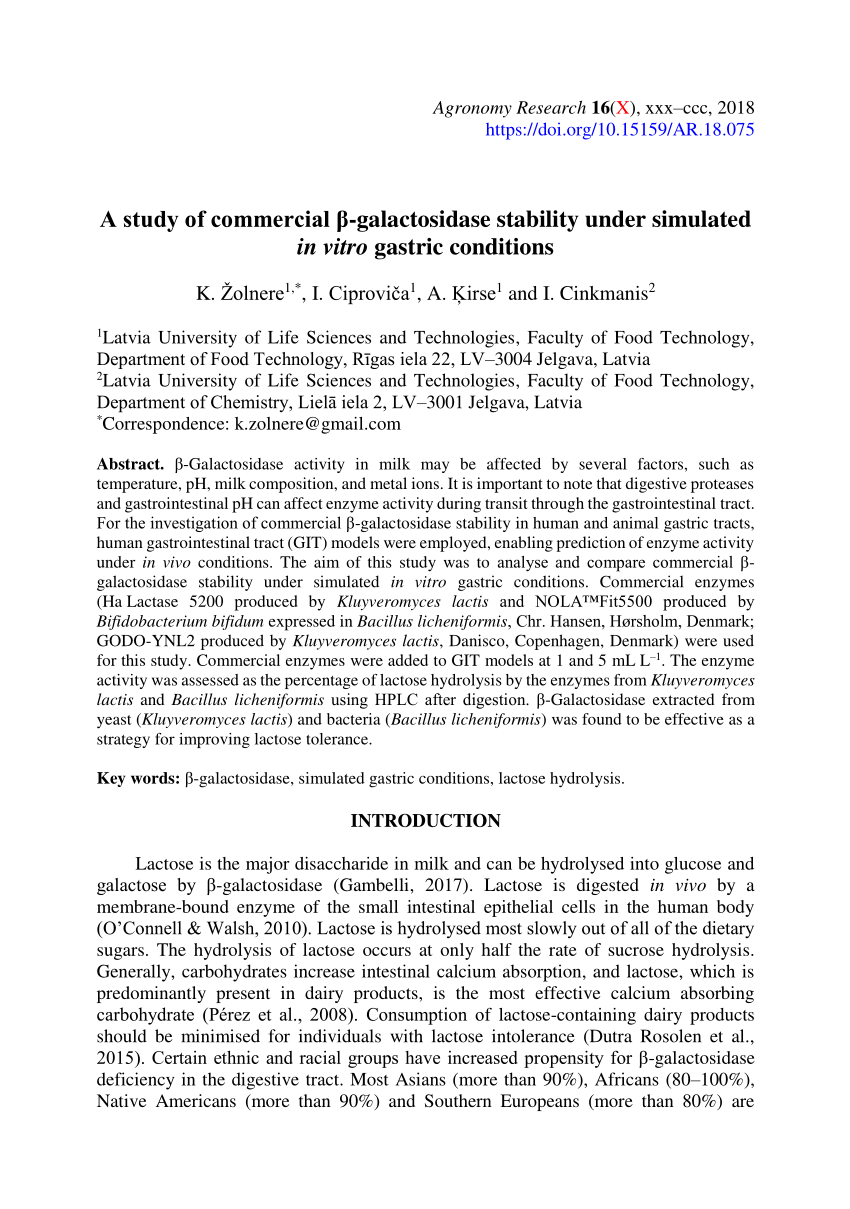 PDF) A study of commercial β-galactosidase stability under ...