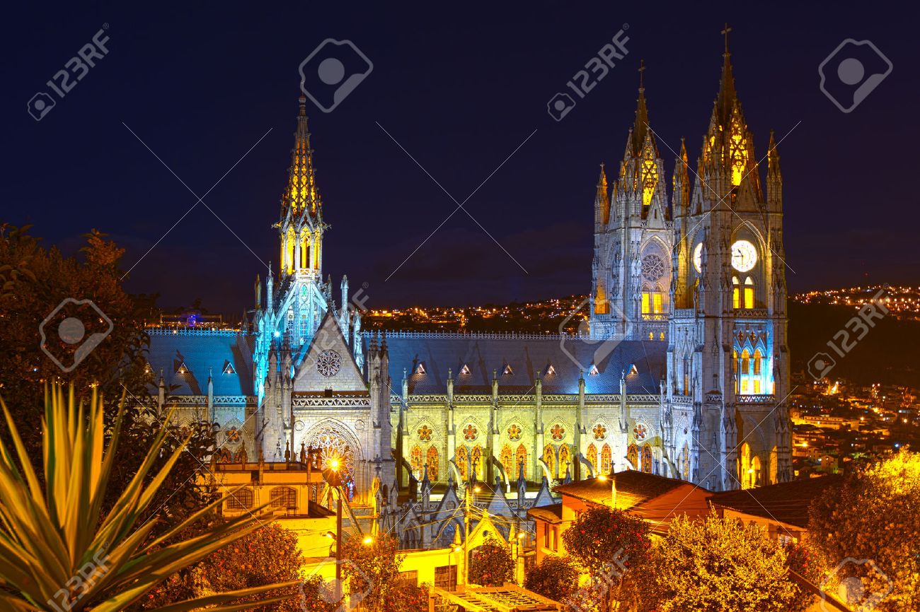 Basilica Of National Vote By Night, Quito Ecuador Stock Photo ...