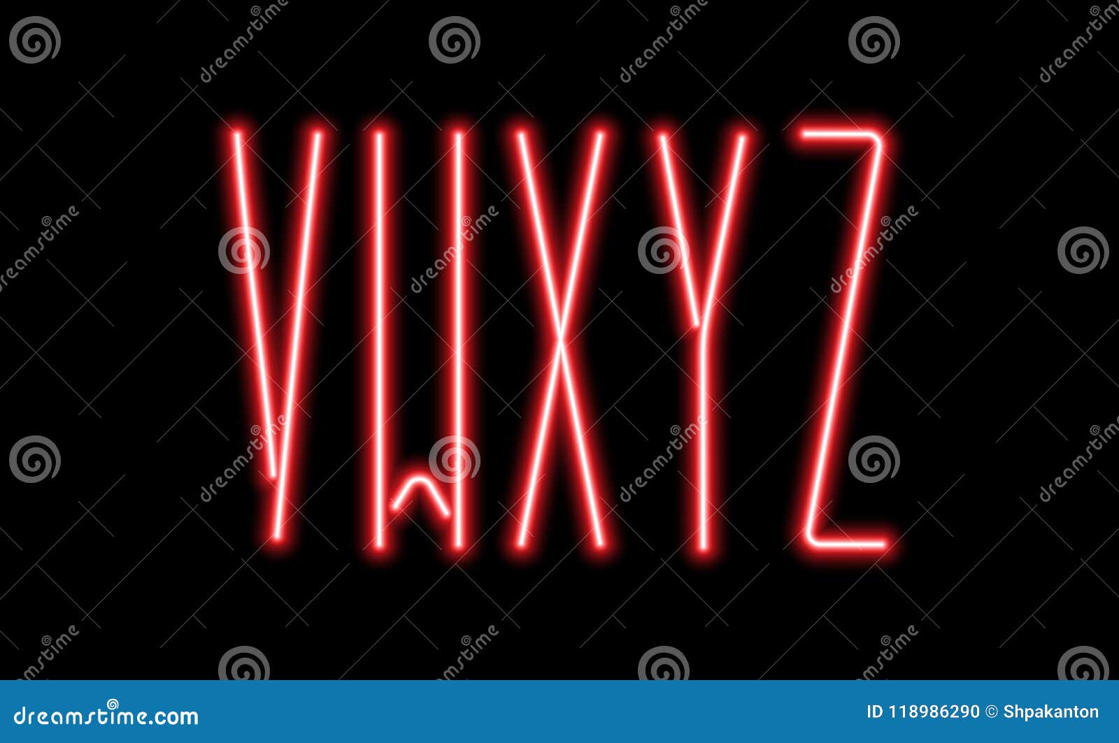 Bright Red Neon Letters on a Black Background. Letters V, W, X ...