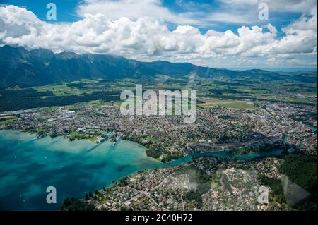 aerial view of the Thun and Lake Thun seen from the Helicopter ...