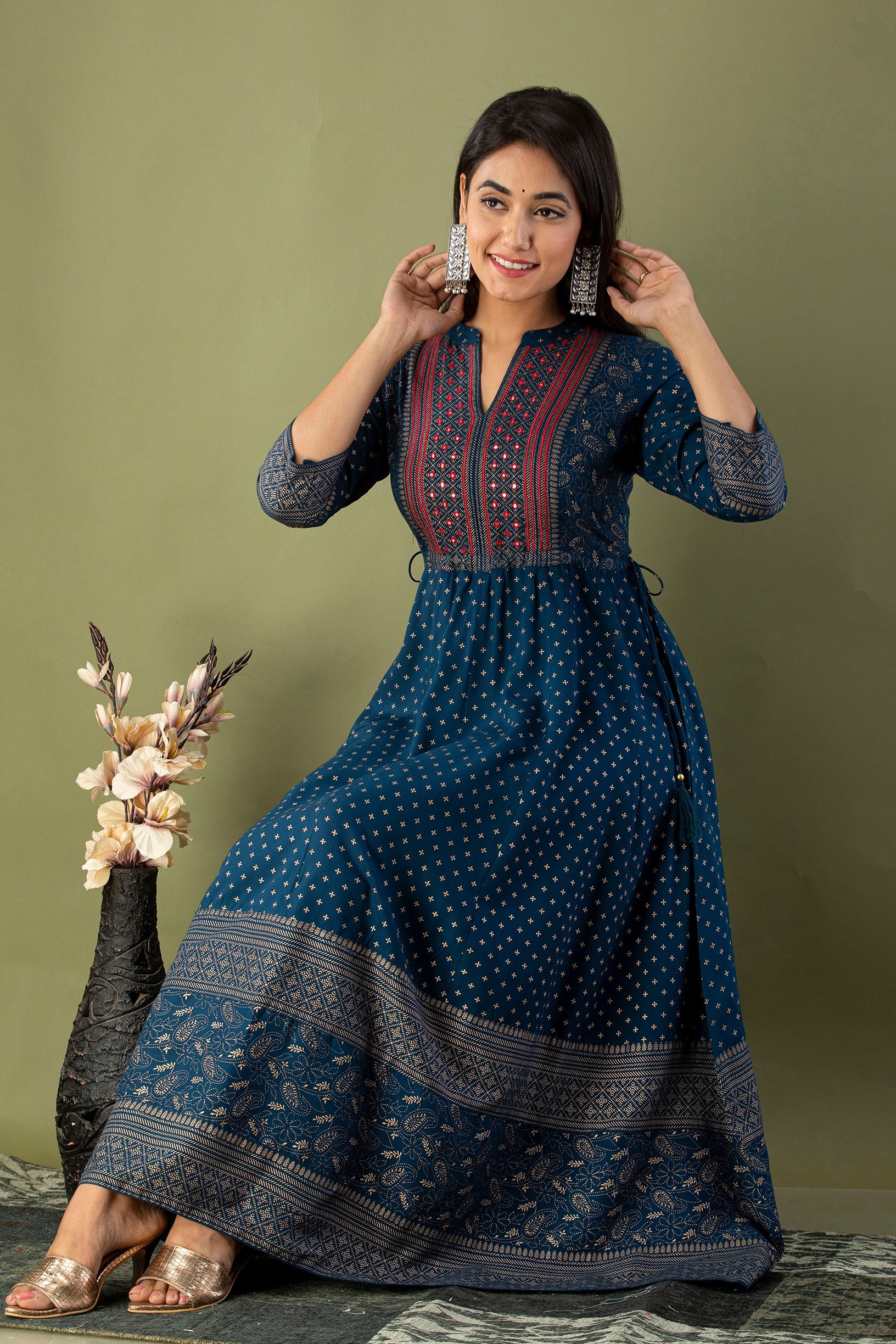 Indian Women Blue Embroidered Dress Anarkali Gown Long Kurti ...