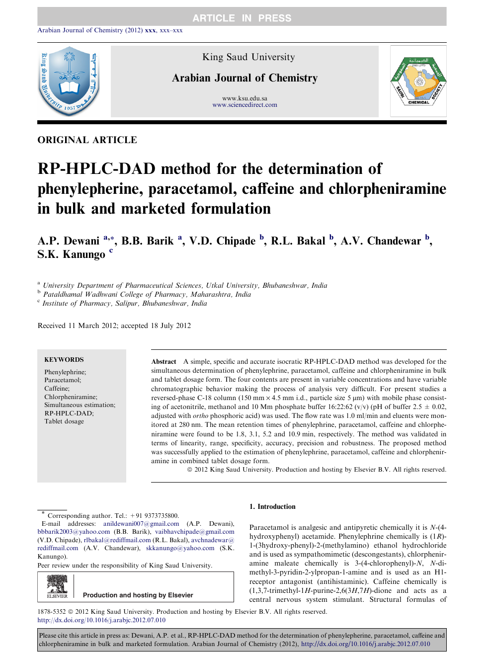 RP-HPLC-DAD method for the determination of phenylepherine ...