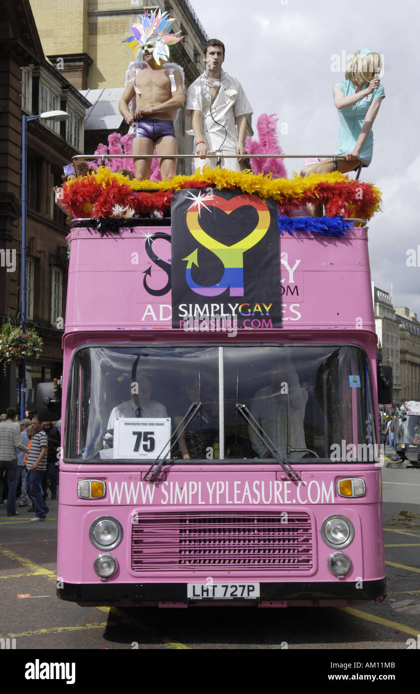 pink bus gay pride parade mardi gras 2006 manchester uk vertical ...