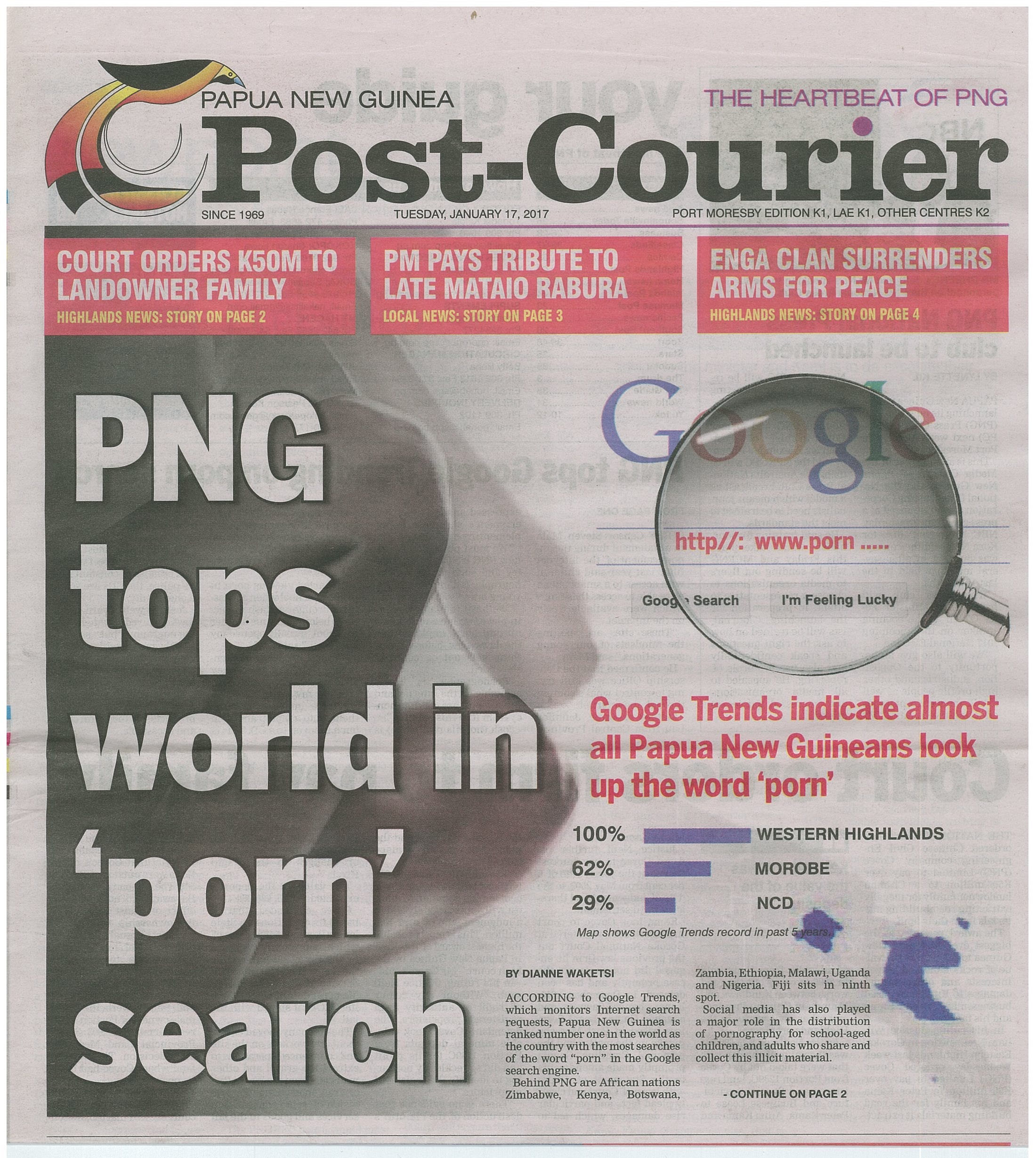 PNG tops world in 'porn' search' Post-Courier front page ...