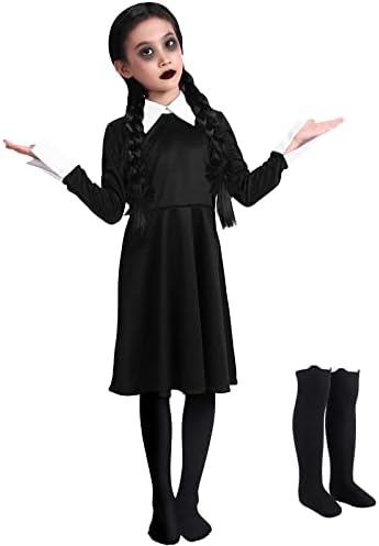 Wednesday Addams Costume Girls Peter Pan Collar Black Halloween ...