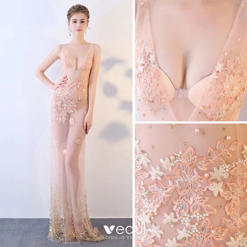 Sexy Champagne See-through Evening Dresses 2018 Sheath / Fit V ...