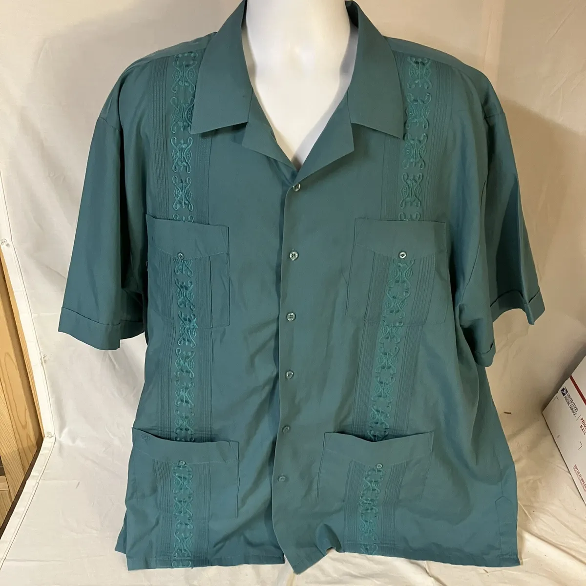 Omega Mens Guayabera Shirt Aqua Blue Embroidered Trim 3X XXX 19 ...