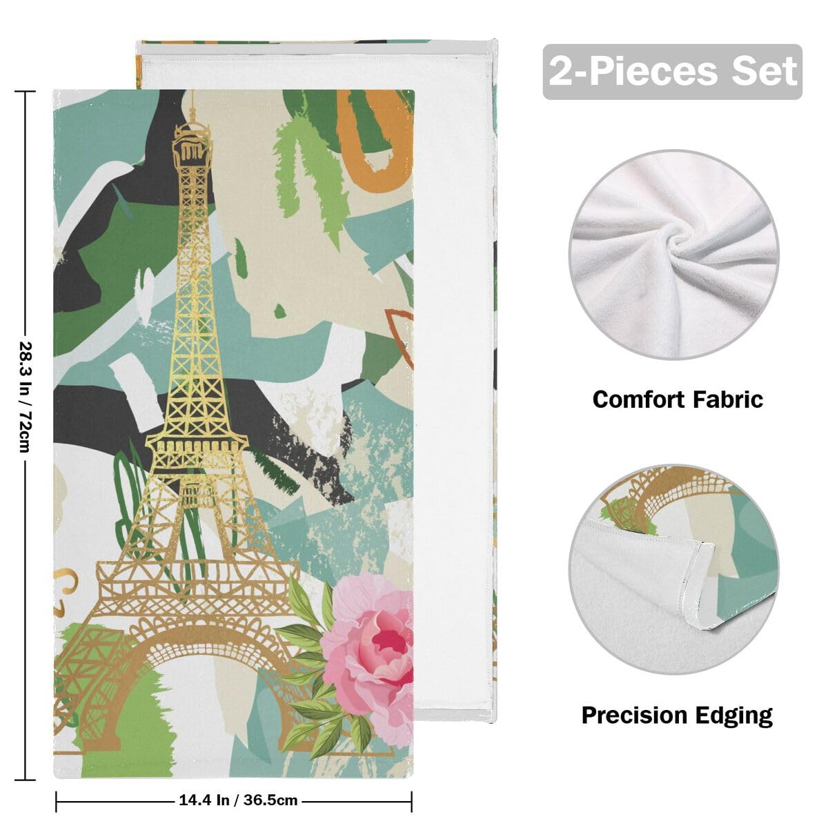 Amazon.com: Towel Set 2 Piece Watercolor Paris Eiffel Tower Green ...