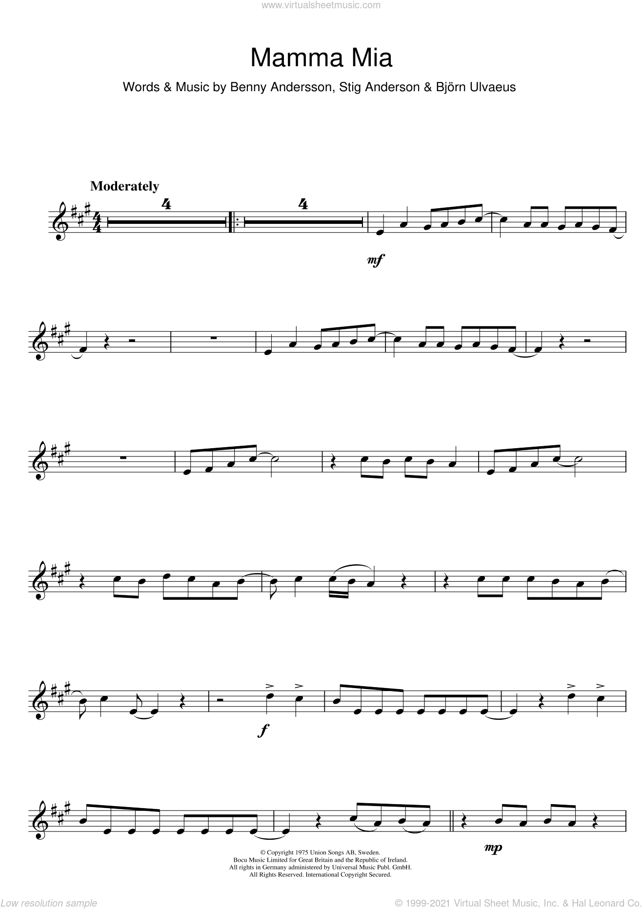Mamma Mia sheet music for alto saxophone solo (PDF-interactive)
