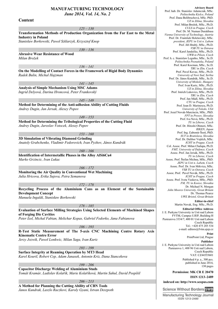 MANUFACTURING TECHNOLOGY June 2014, Vol. 14, No. 2 Content
