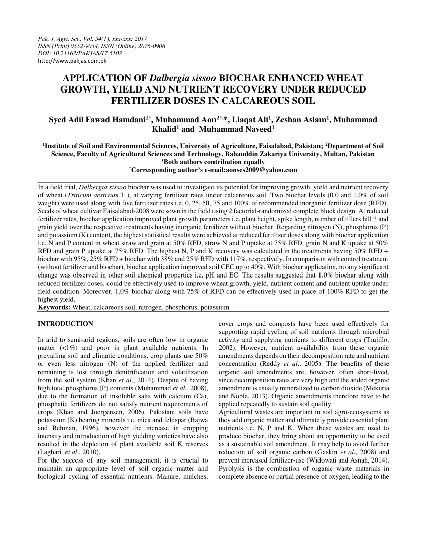 PDF) Application of Dalbergia sissoo biochar enhanced wheat growth ...