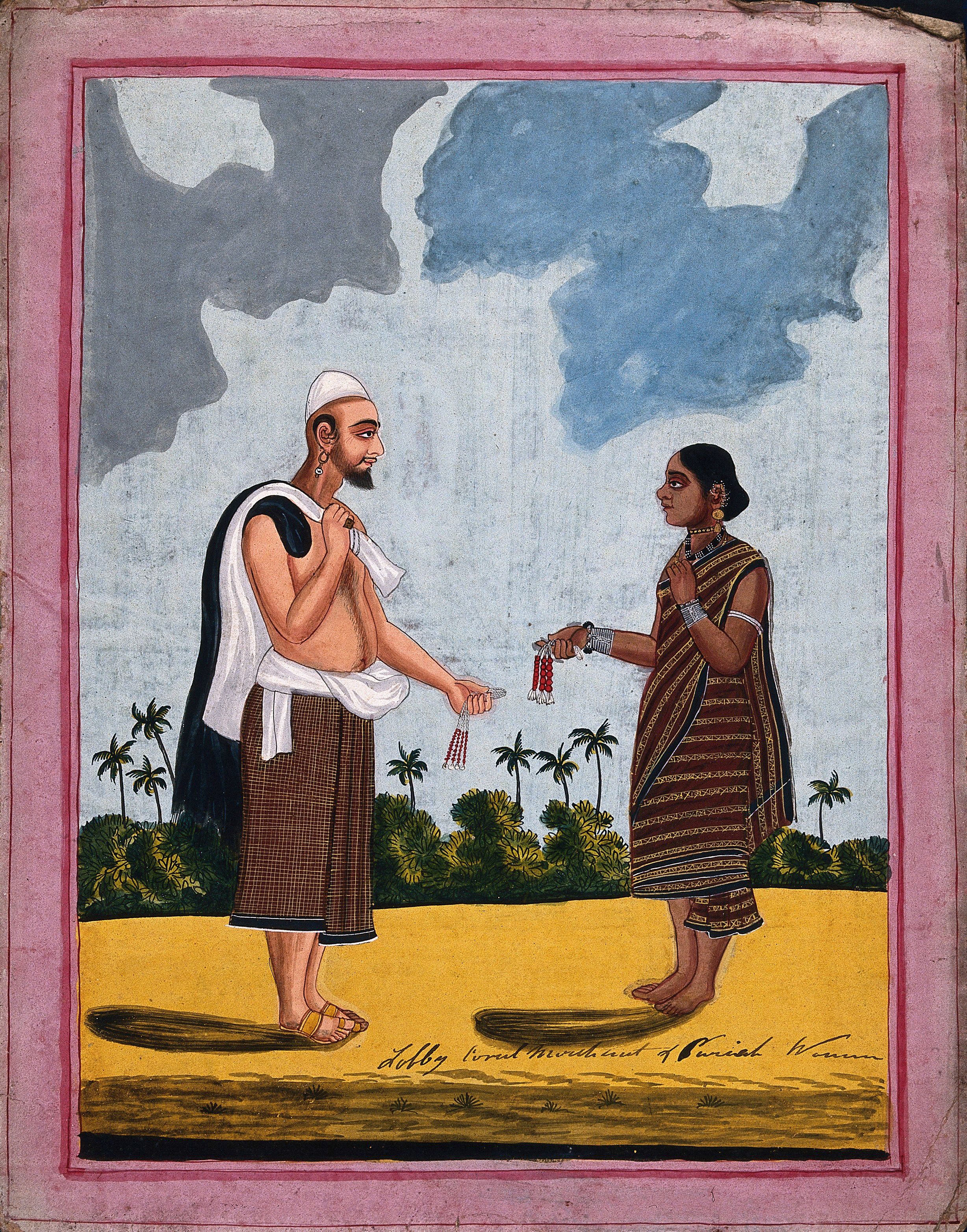 Indian coral merchant selling jewelry to a woman. Gouache drawing ...