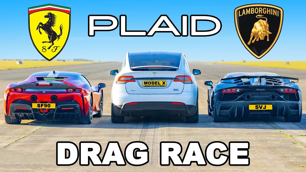 Tesla Model X PLAID v Ferrari SF90 v Lambo SVJ: DRAG RACE ...