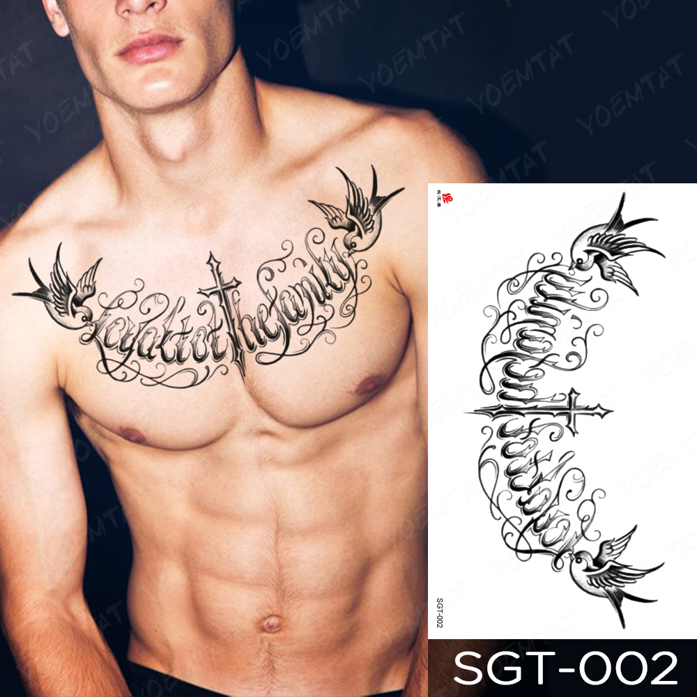 Chest Tattoo Stickers Cross Bird Lettering English Words ...