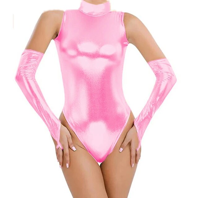 Women Sexy Bodysuit TurtleNeck Sleeveless Metallic Playsuit with ...