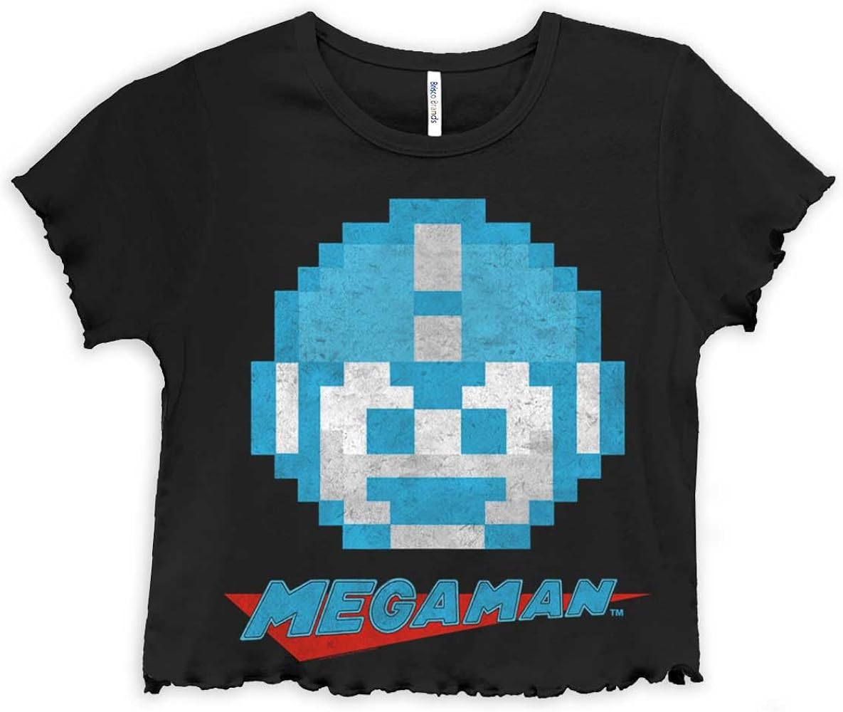 Classic Video Game Pixelated Mega Man Womens Lettuce Trim Crop Top ...