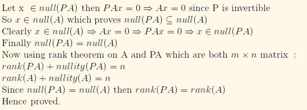 linear algebra - Prove rank(AP) = rank(A) if P is an invertible n ...