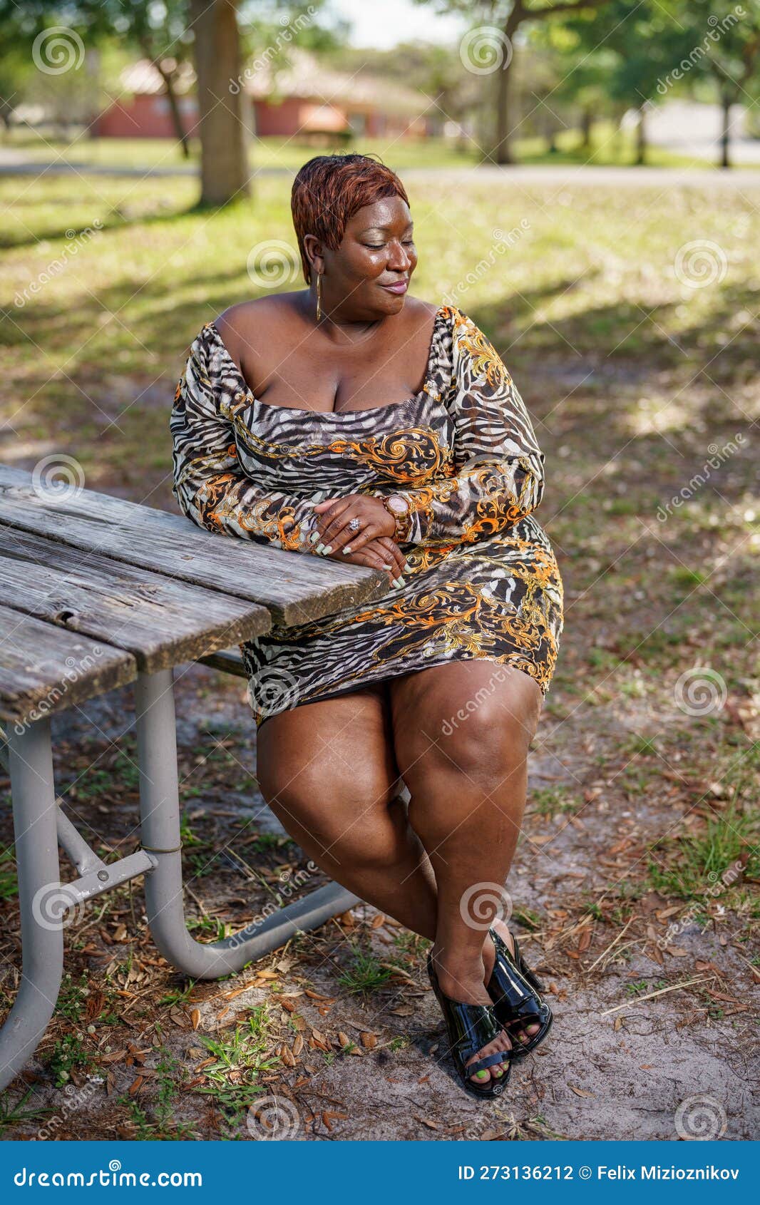 BBW Big Black Beautiful Model Sitting on a Park Bench Outdoors ...