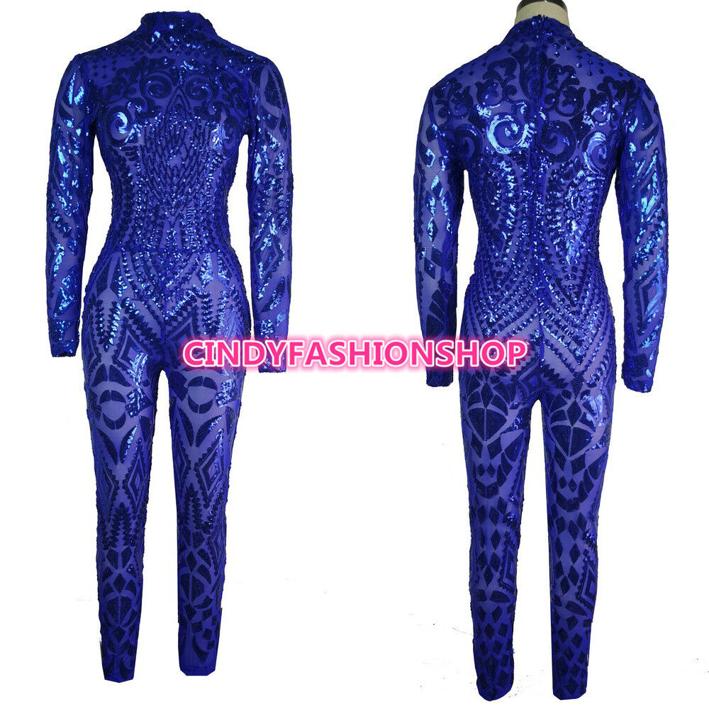 USA Women Sexy Geometric Tattoo Sequin Long Sleeve Bodysuit Cat ...