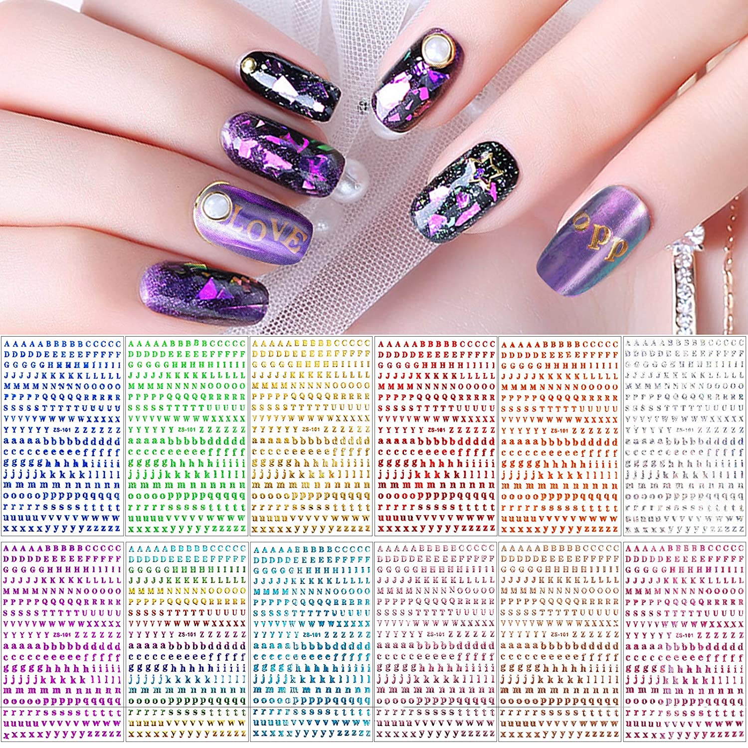 1 Sheet Letters Nail Stickers, Alphabet Nail Sticker Holographic ...