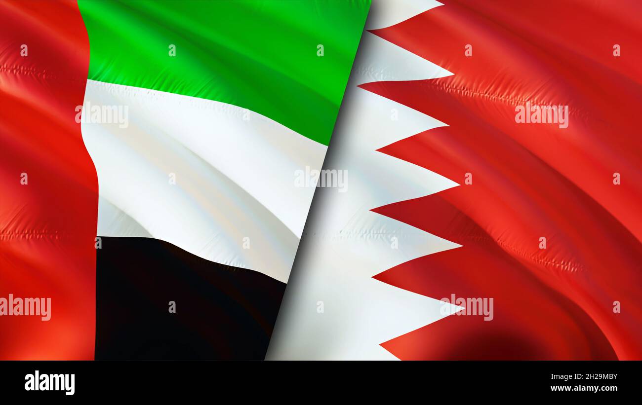 Emirates and Bahrain flags. 3D Waving flag design. Bahrain United ...