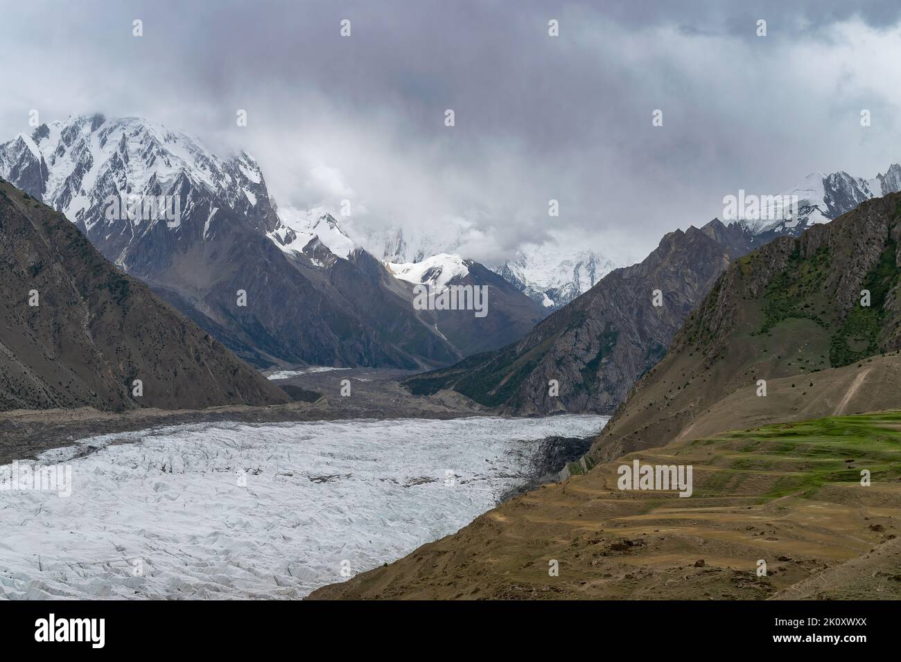 A scenic view of Barpu Glacier against Rush Lake, Karakoram ...