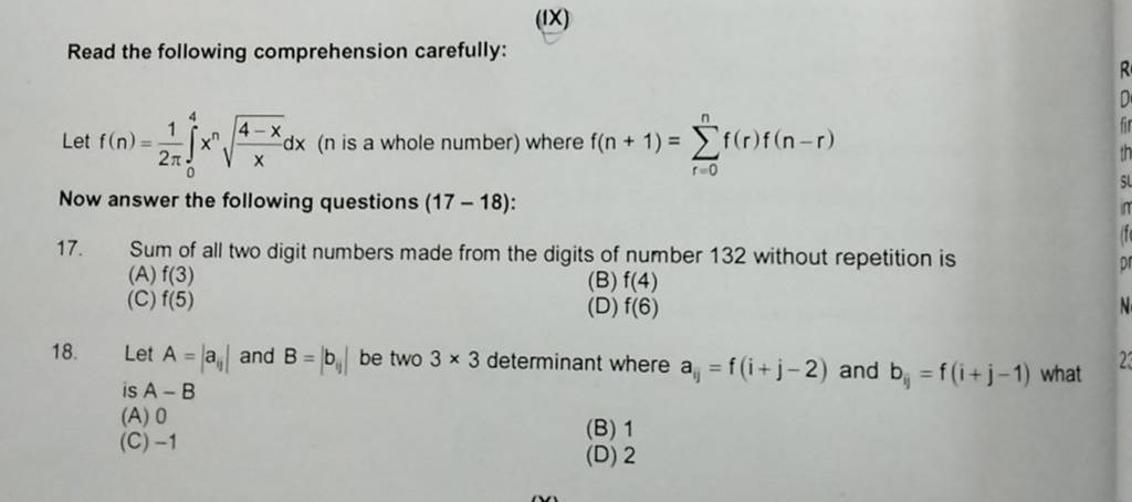 Read the following comprehension carefully: (IX) Let f(n)=2π1​∫04 ...