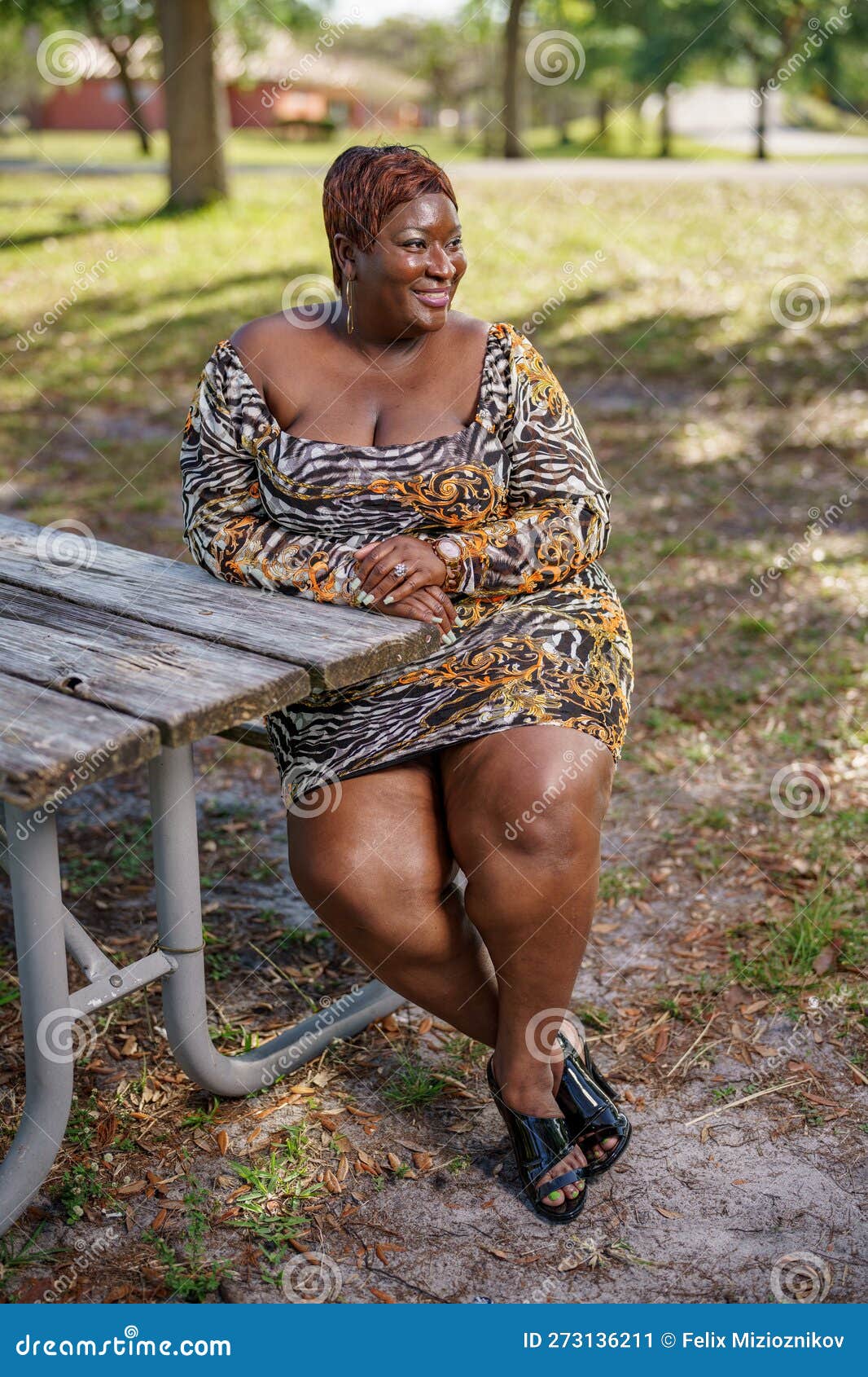 BBW Big Black Beautiful Model Sitting on a Park Bench Outdoors ...