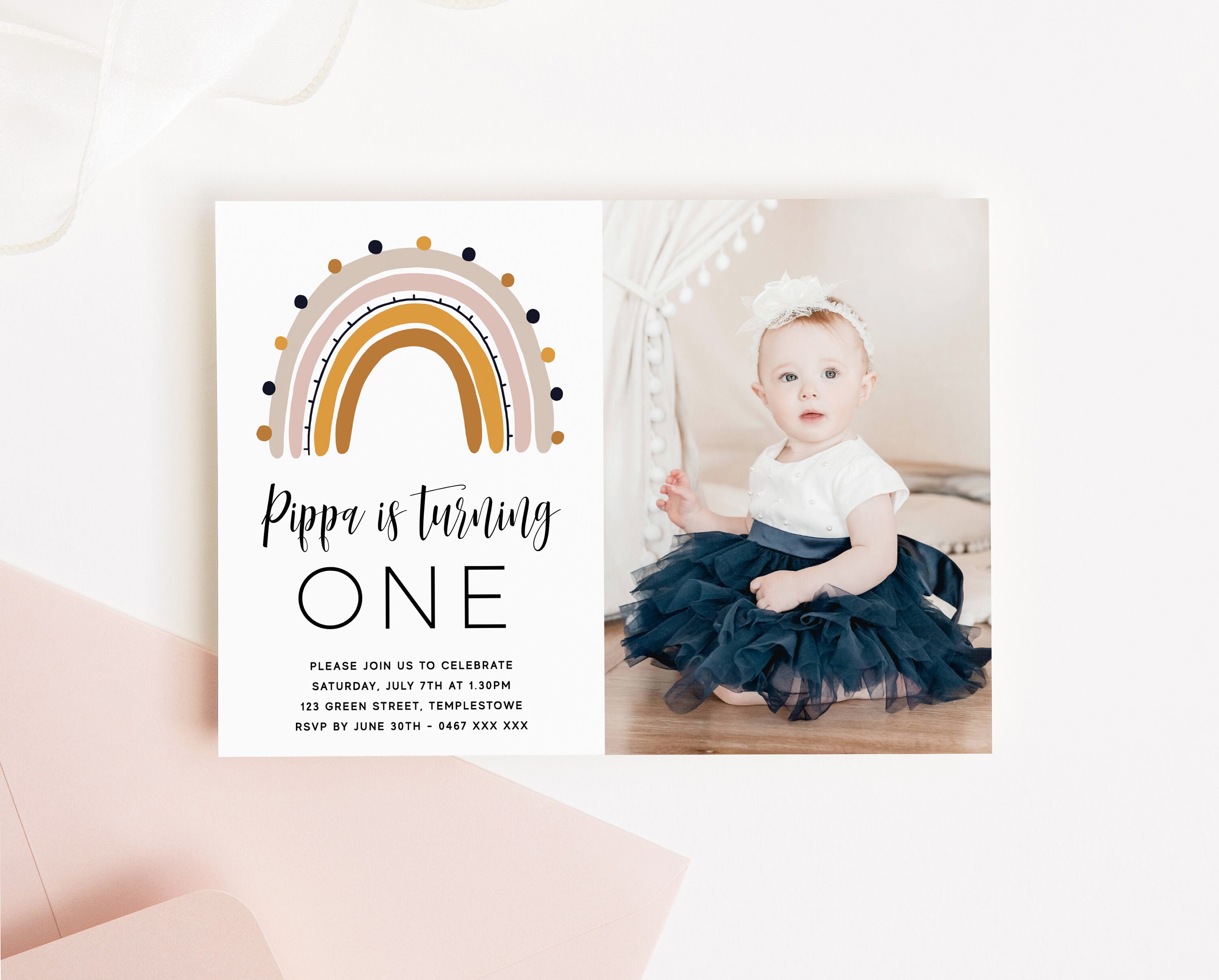 Editable Rainbow First Birthday Invitation Boho Photo 1st - Etsy