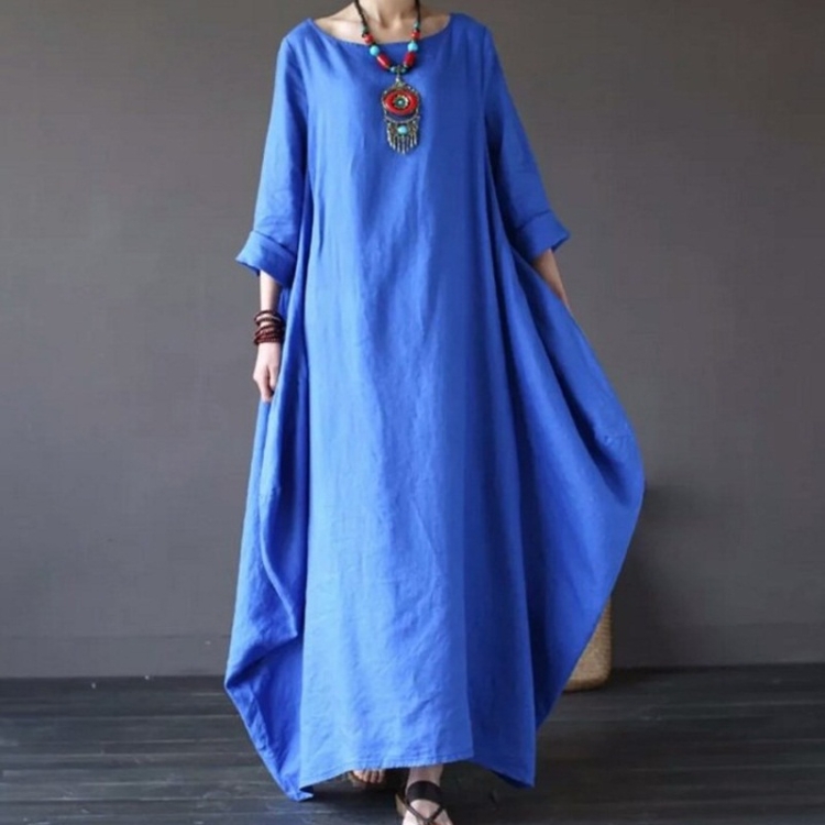 Fashion Loose Linen Dress (Color:Blue Size:XXXXXLL)