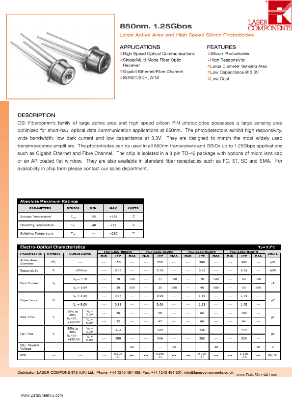 FCI-125G-xxxHR Photodiodes Datasheet pdf - Silicon Photodiodes ...