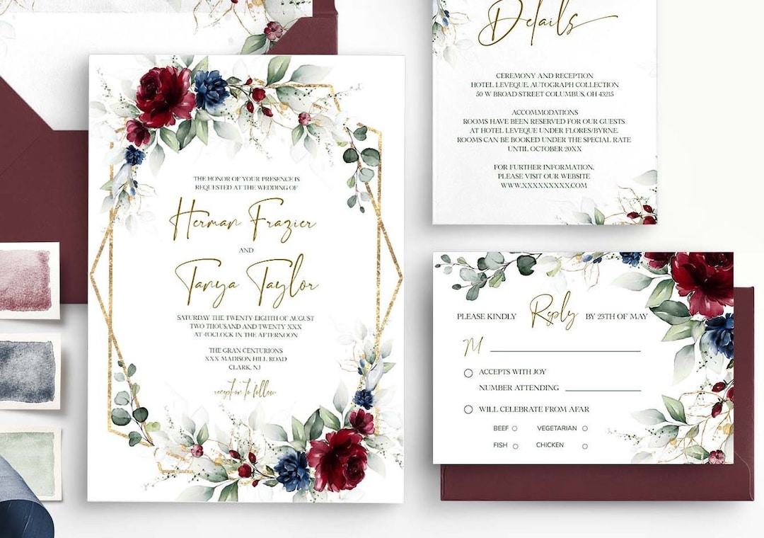 ROSA Burgundy and Blue Navy Wedding Invitation Bundle - Etsy