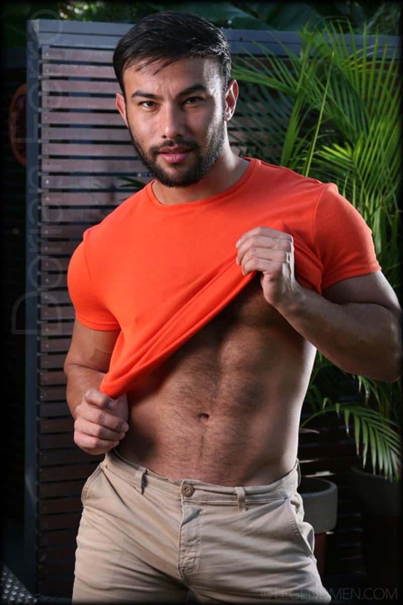 Sexy hairy muscle Latin stud Dorian Ferro strips out of his tight ...