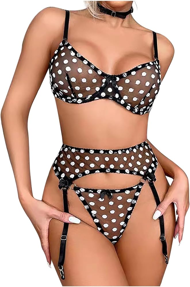 Womens Polka Dot Lingerie Cute Sheer Bra and Panty Set Sexy ...