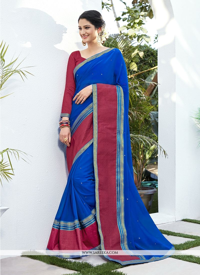 Lace Work Blue Classic Saree | Chiffon saree, Stylish sarees, Chiffon